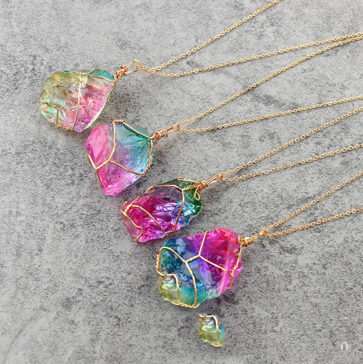 Seven-Color Natural Crystal Pendant – Handcrafted Energy Healing Stone Necklace