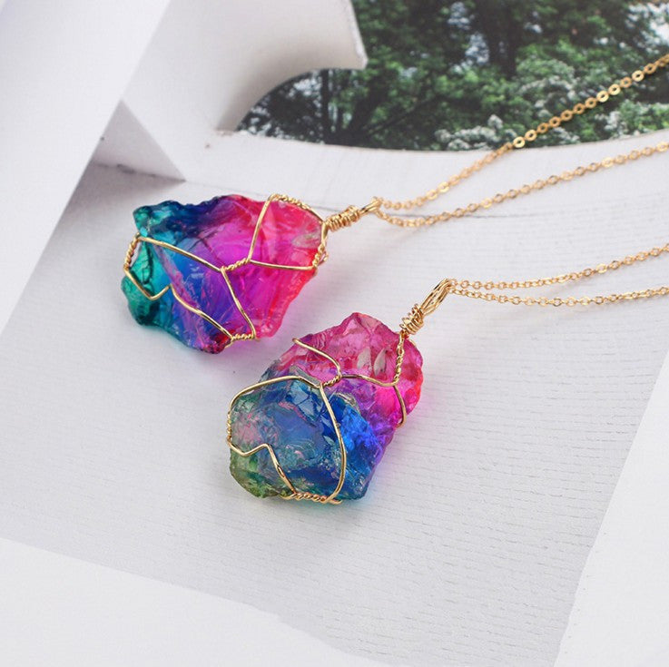 Seven-Color Natural Crystal Pendant – Handcrafted Energy Healing Stone Necklace