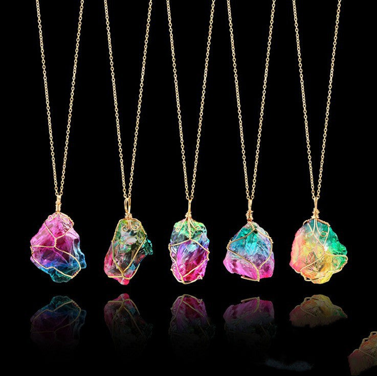 Seven-Color Natural Crystal Pendant – Handcrafted Energy Healing Stone Necklace