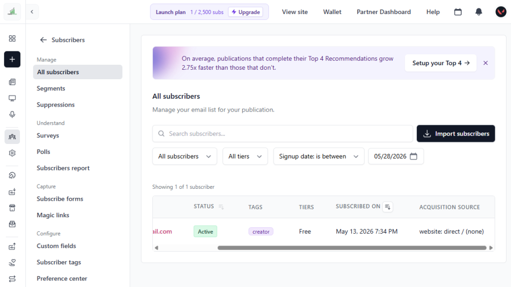 beehiiv subscribers dashboard 2026