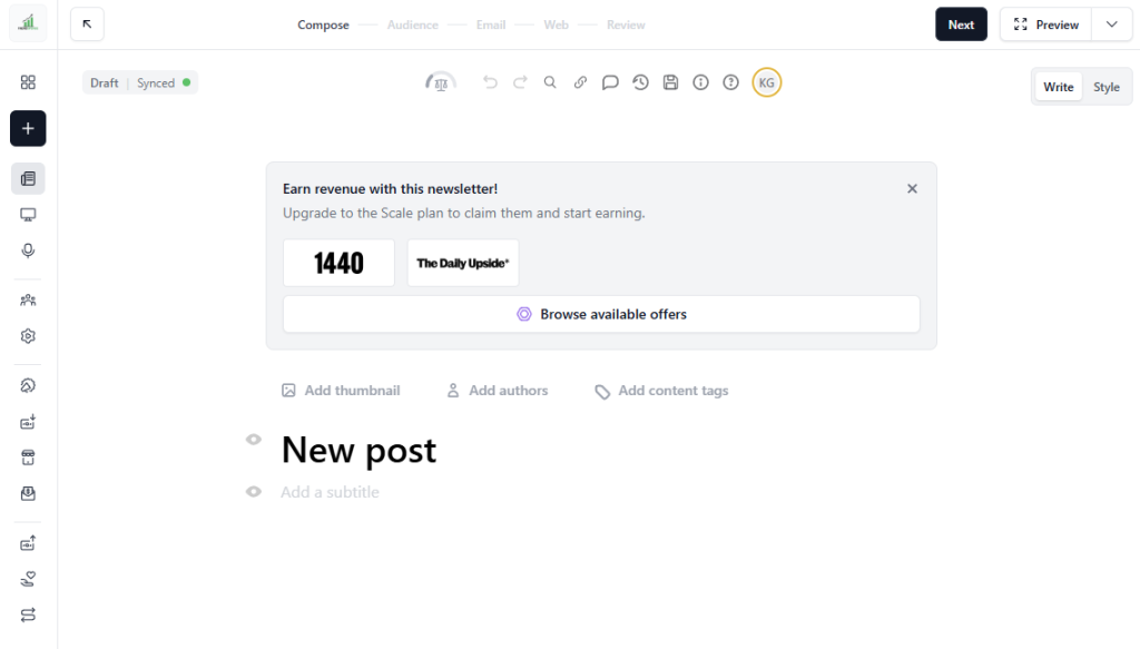 beehiiv review 2026 email editor compose screen
