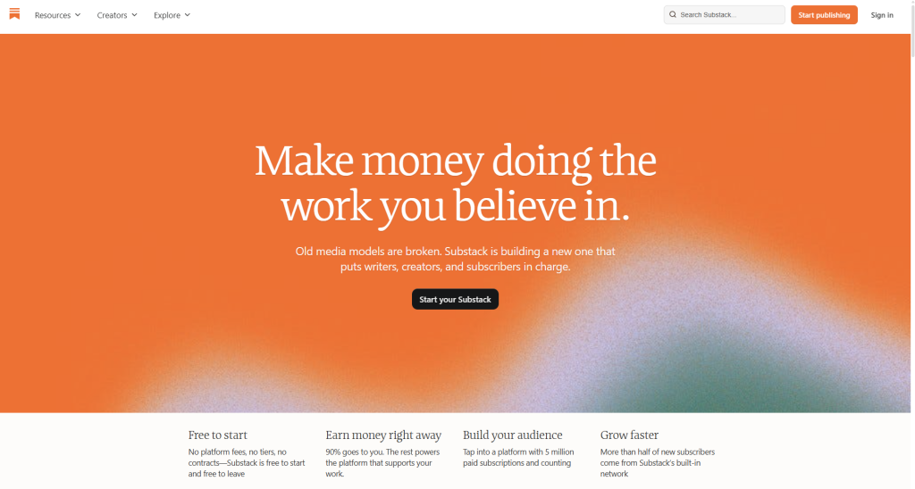 beehiiv vs Substack : Substack homepage showing 90 percent revenue share for creators
