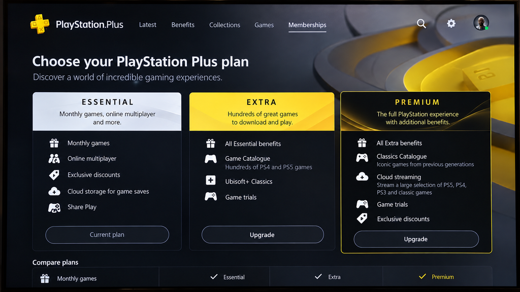 PS Plus Essential, Extra and Premium plan screen on PS5 Pro