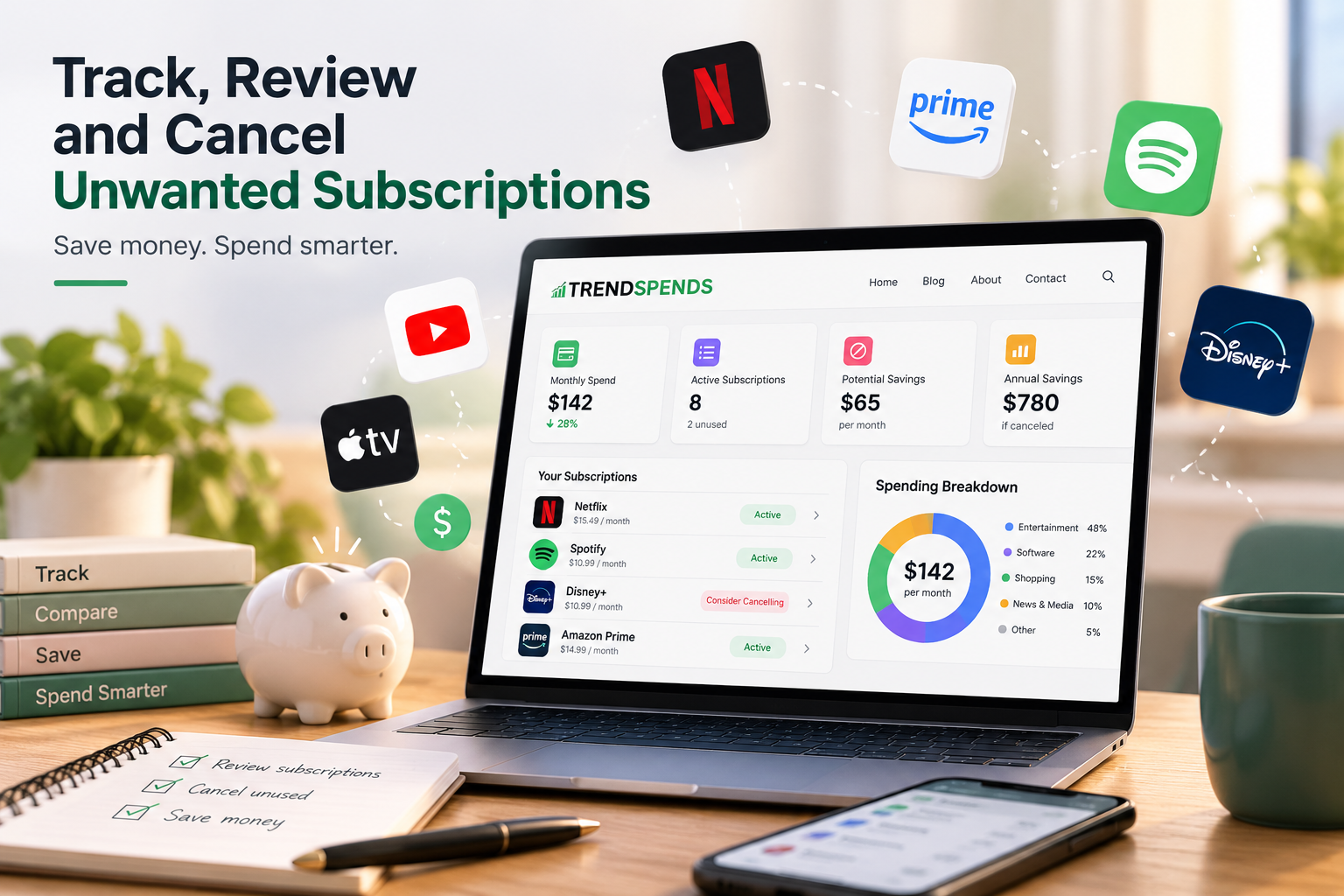 TrendSpends subscription reviews dashboard to track and cancel subscriptions